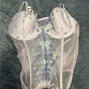 Floral Embroidered Sheer Lingerie Set - White and Blue